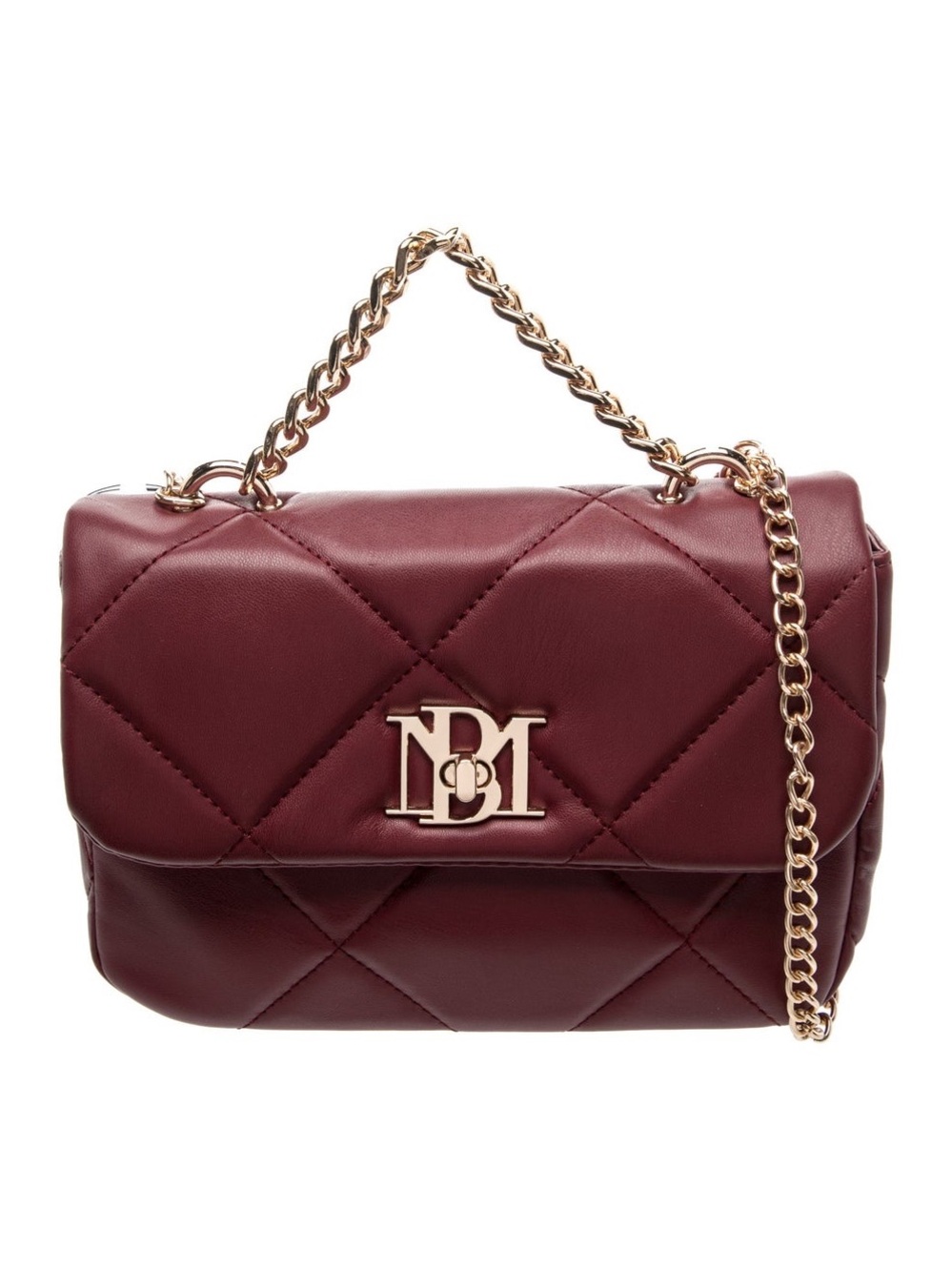 Bagley Mischka Burgundy Vegan Leather Quilted Wine Shoulder Bag with Gold Chain